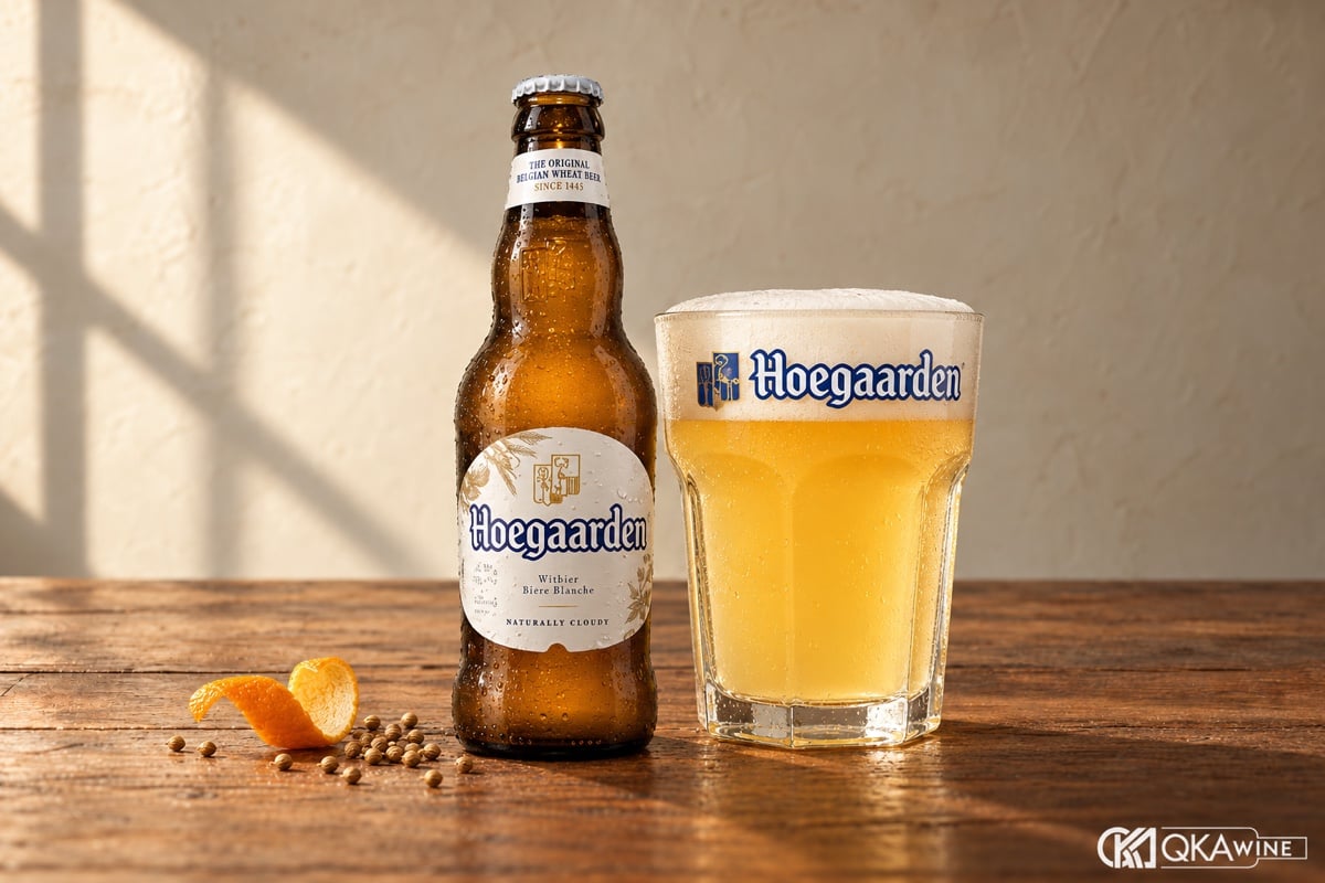 Chai Hoegaarden White và ly bia lúa mì bên vỏ cam, hạt rau mùi trên bàn gỗ