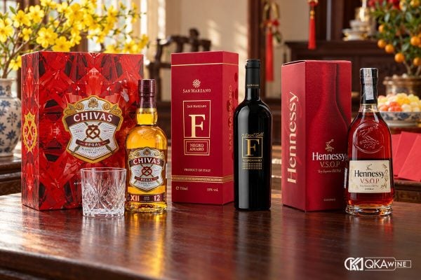 Hộp quà Chivas 12 năm Tết 2026, vang F Gold 24 Karat và Hennessy VSOP trên bàn ngày Tết