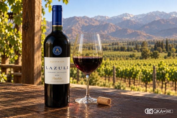 Chai Lazuli Cabernet Sauvignon của Viña Aquitania và ly vang đỏ trên hiên nhìn ra vườn nho dưới chân dãy Andes