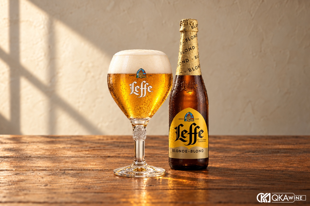 Chai Leffe Blonde và ly chalice bia vàng trên bàn gỗ trong ánh sáng ấm