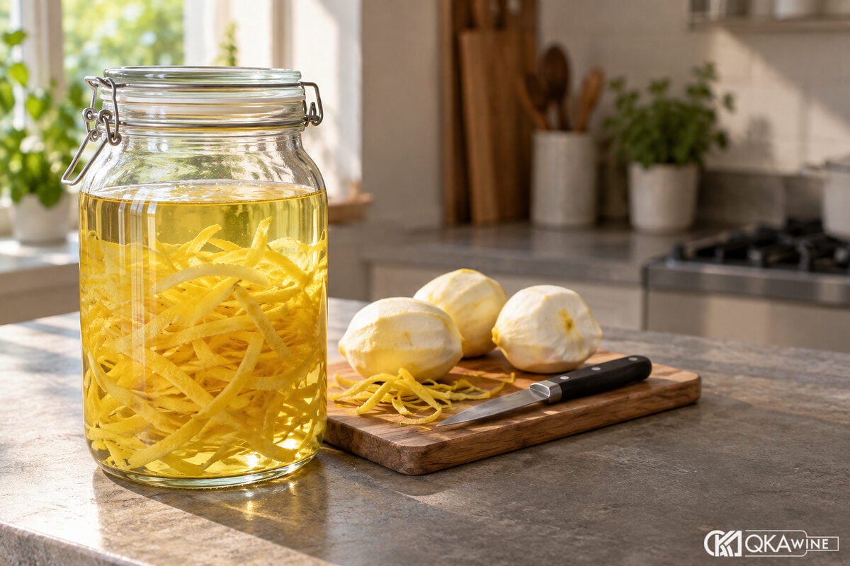 Vỏ chanh vàng ngâm trong rượu trong suốt ở bình thủy tinh