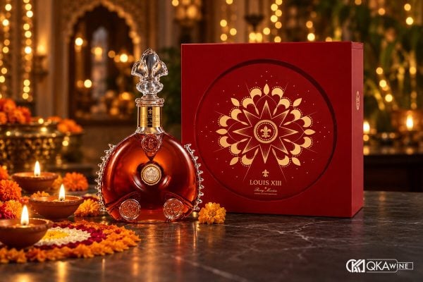 Bình cognac Louis XIII và hộp Diwali đỏ họa tiết mandala vàng bên đèn dầu diya và hoa cúc vạn thọ
