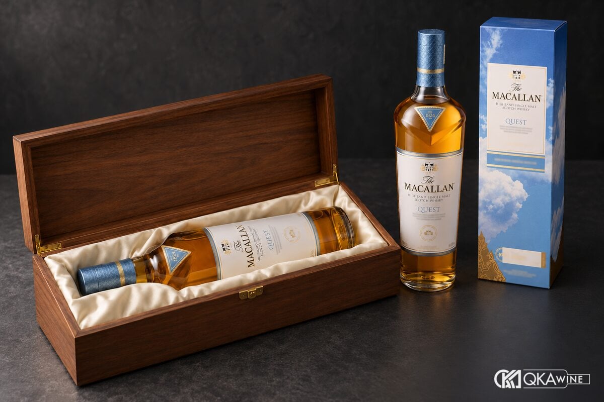 Macallan Quest 700 ml nằm trong hộp gỗ lót satin, bên cạnh chai Macallan Quest 1 lít và hộp giấy bản 700 ml