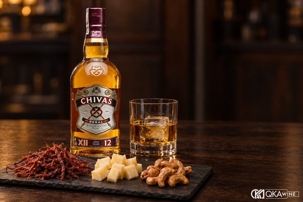 Ly whisky đá cạnh đĩa bò khô và phô mai