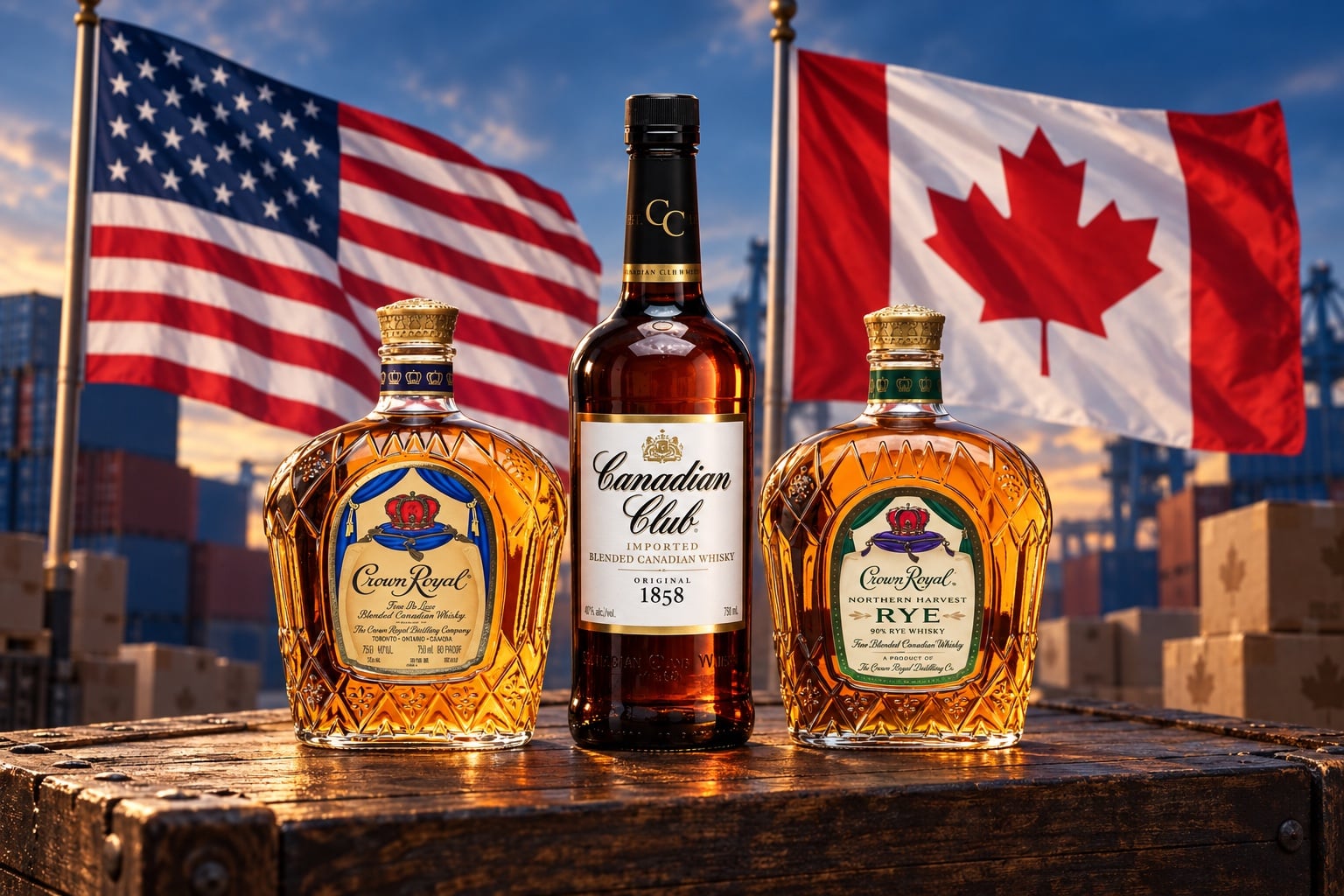 Minh họa whisky Canada cùng quốc kỳ Mỹ và Canada trong bối cảnh thương mại