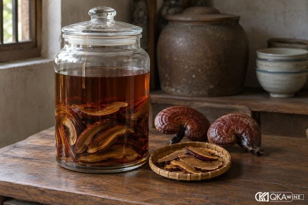 Bình nấm linh chi ngâm rượu nâu cánh gián cạnh nấm khô