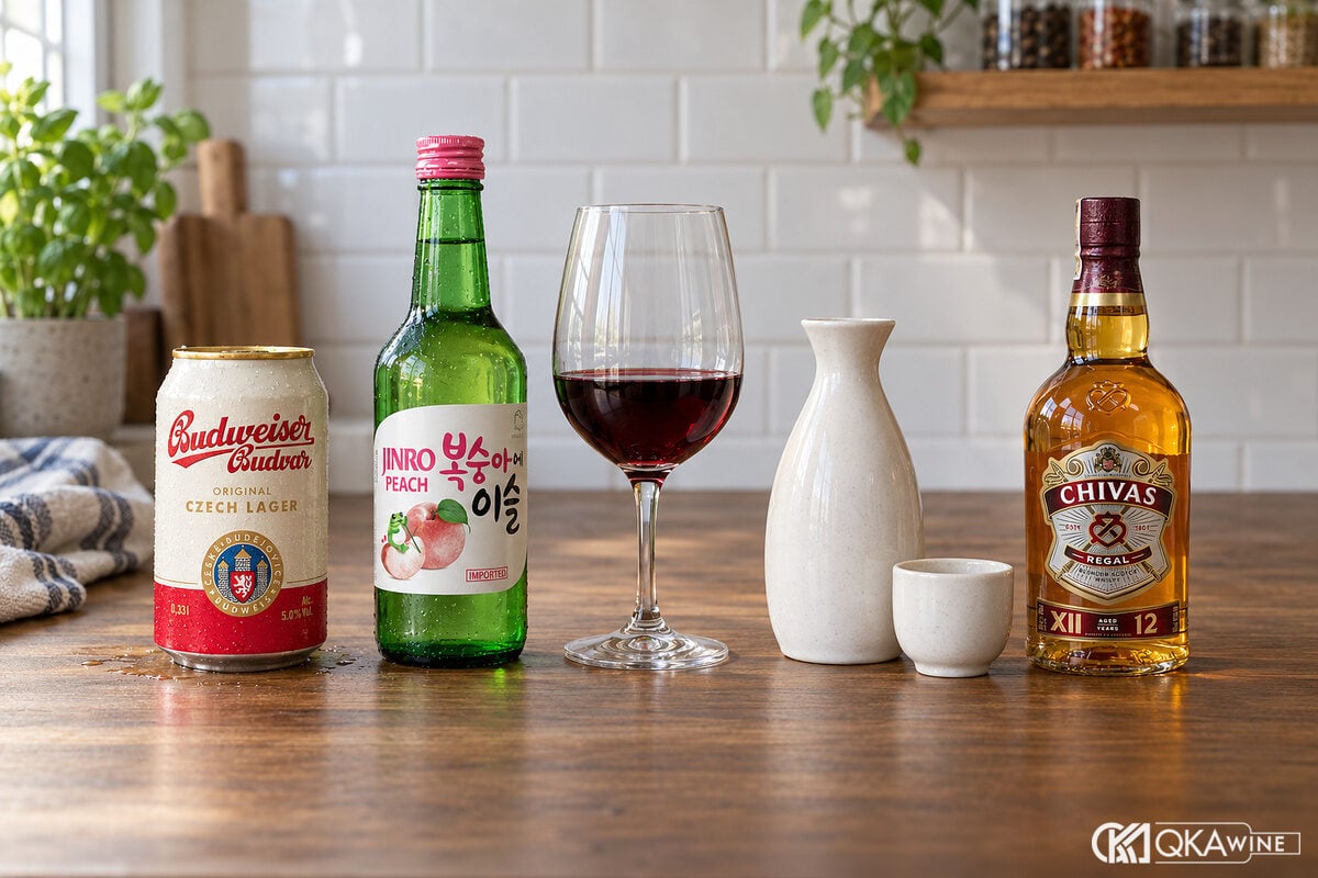 Bia, soju, vang, sake và whisky xếp trên quầy theo độ cồn