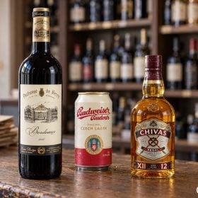 Nhãn vang ghi nồng độ cồn cạnh lon bia và chai whisky