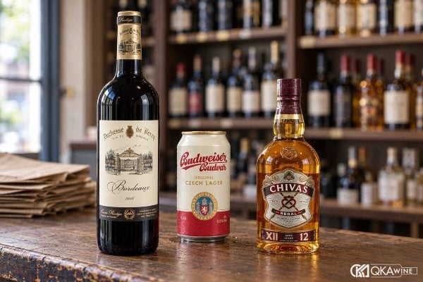 Nhãn vang ghi nồng độ cồn cạnh lon bia và chai whisky