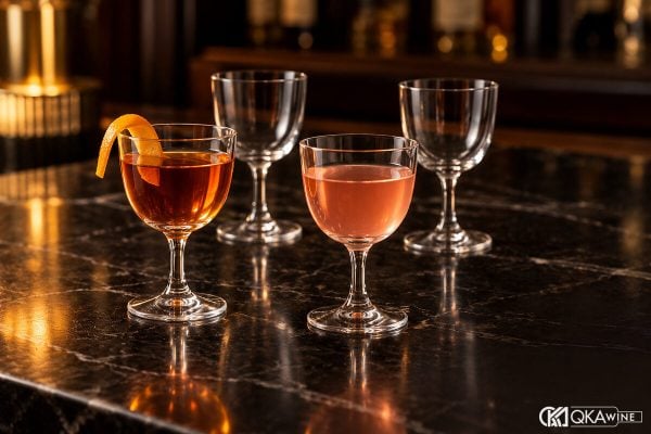 Bốn ly NUDE Bar/Giani Welcome Drink 70 ml trên quầy bar, hai ly đã rót welcome drink