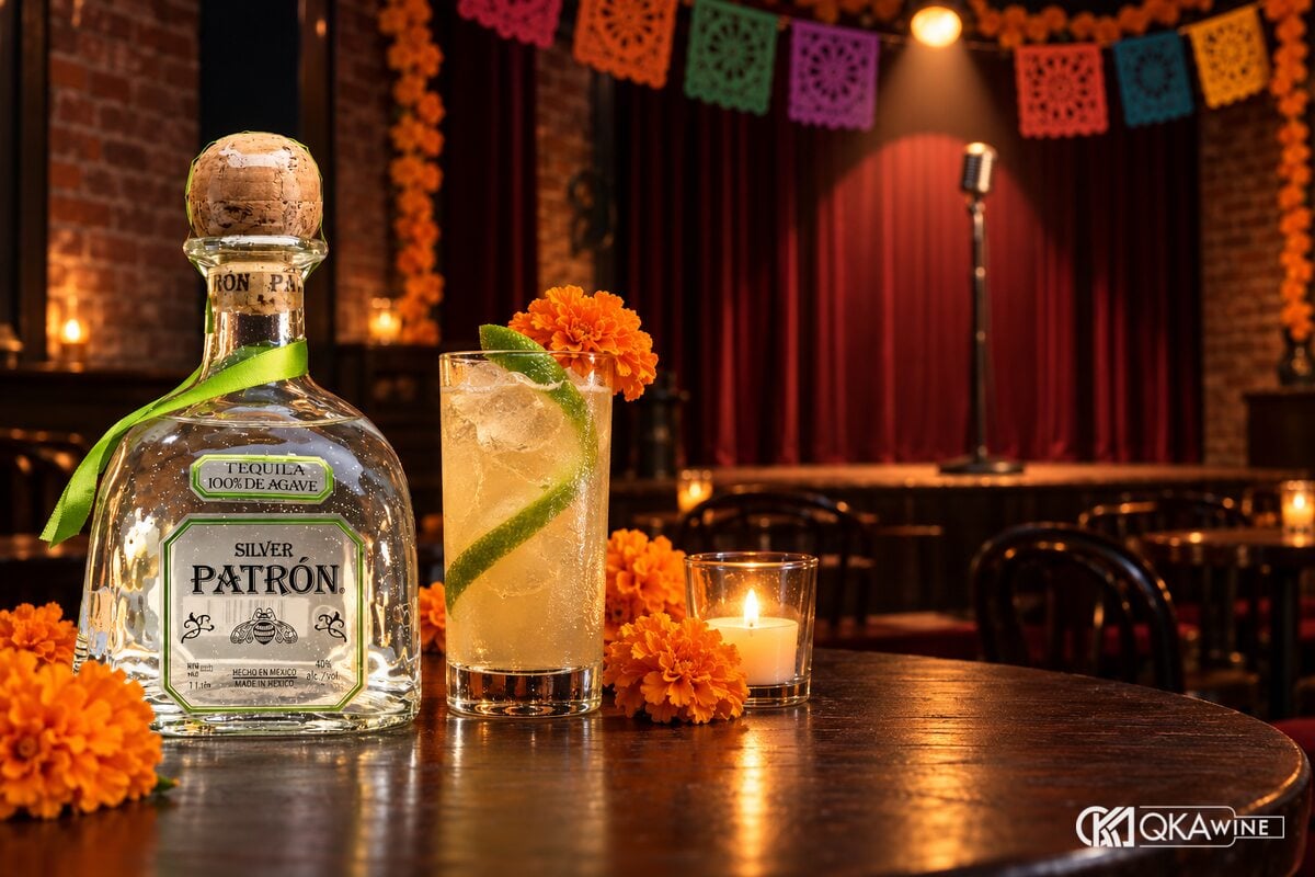 Chai Patrón Silver, ly cocktail mule cắm hoa cúc vạn thọ trên bàn trong câu lạc bộ hài, phía sau là sân khấu có micro