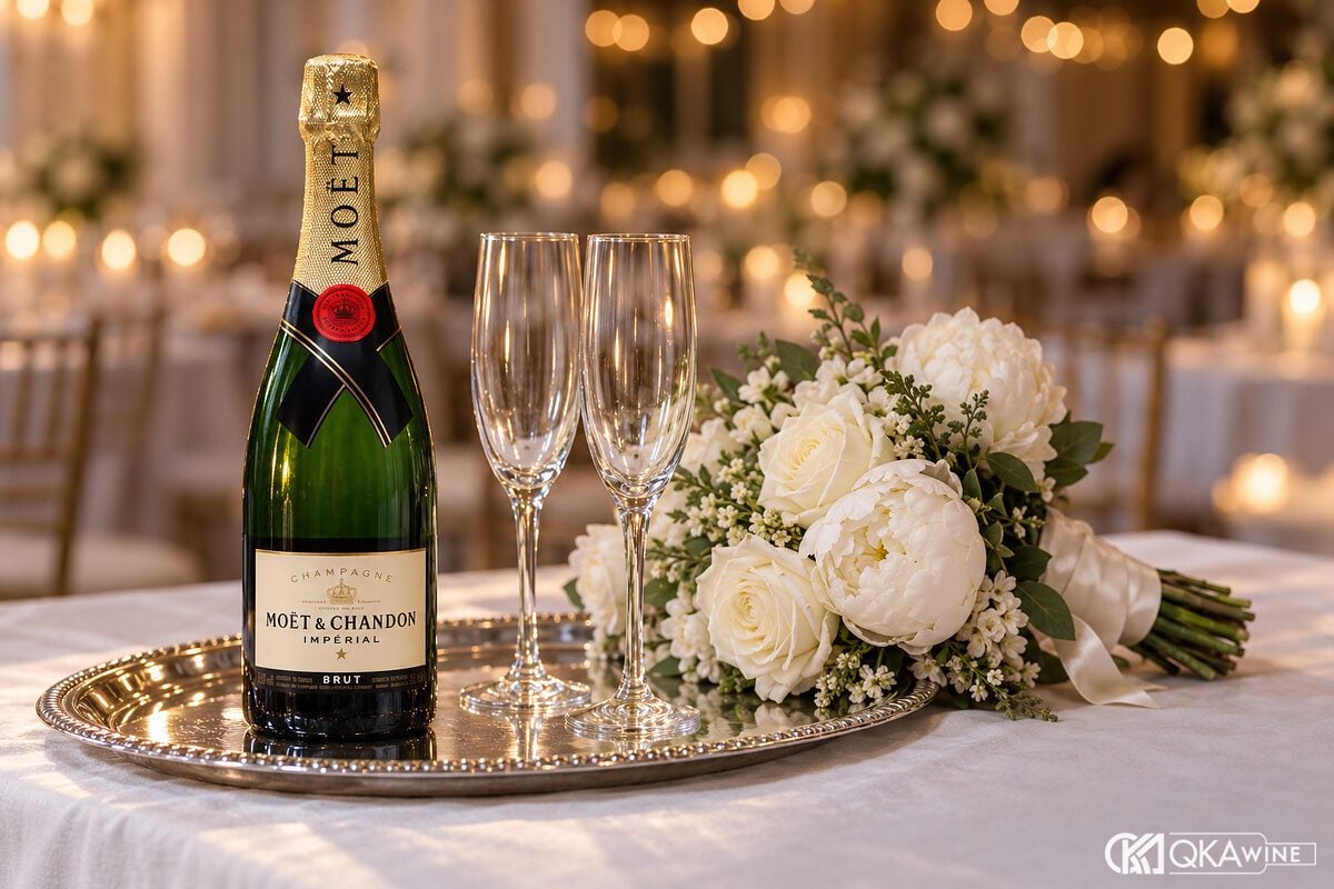 Chai champagne cùng hai ly flute trên khay bạc cạnh hoa cưới trắng