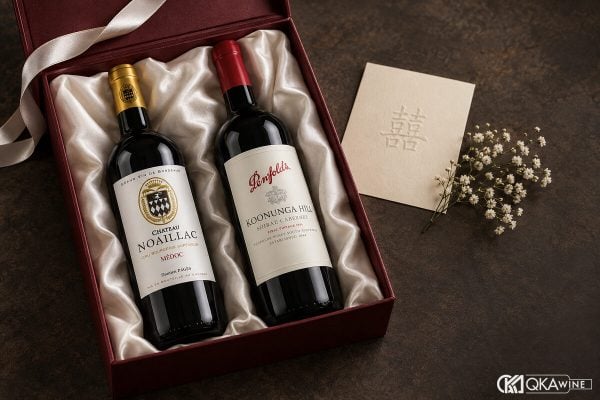 Cặp vang đỏ làm quà cưới trong hộp đôi cạnh thiệp trắng