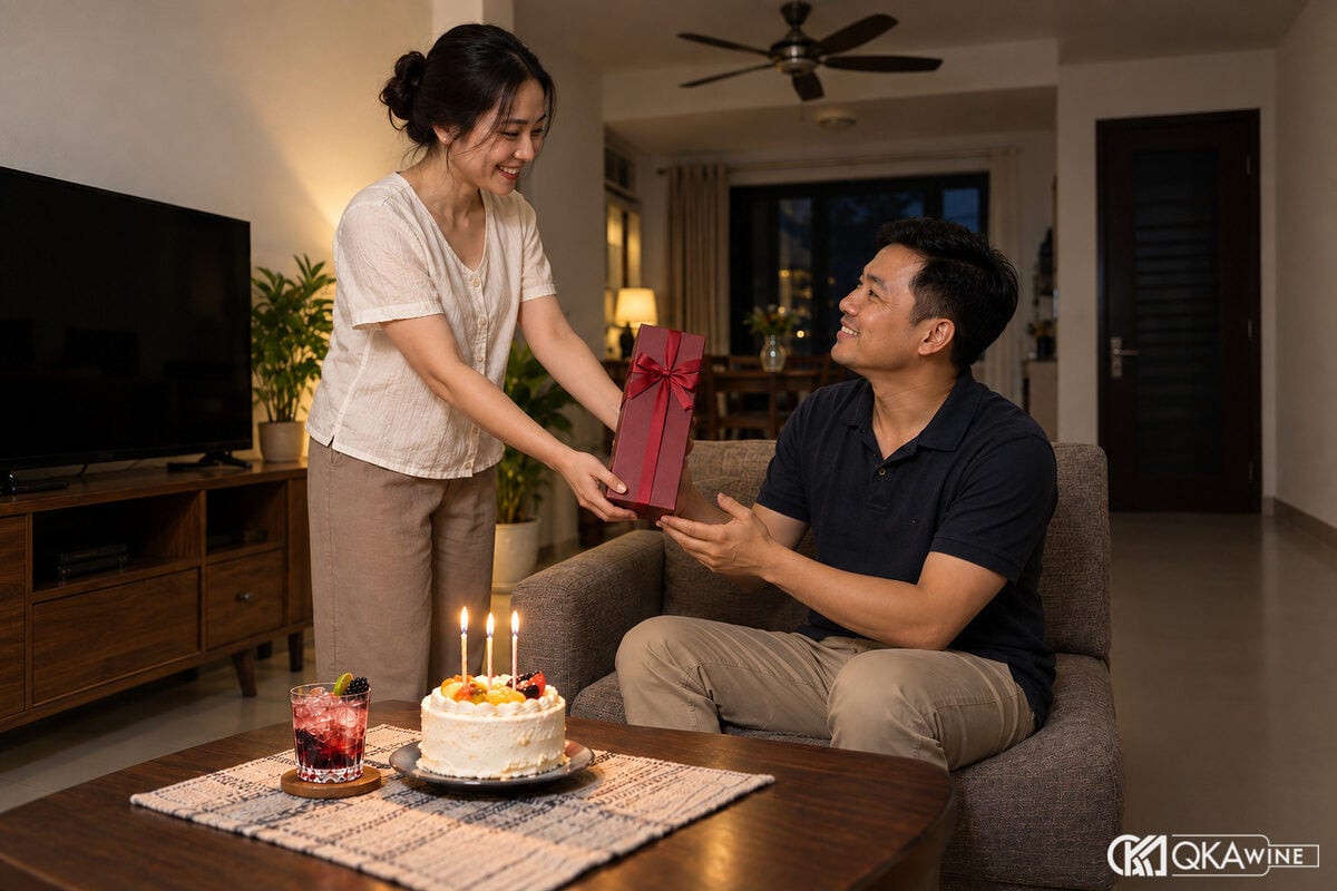 Người vợ Việt Nam trao hộp rượu cho chồng trong phòng khách