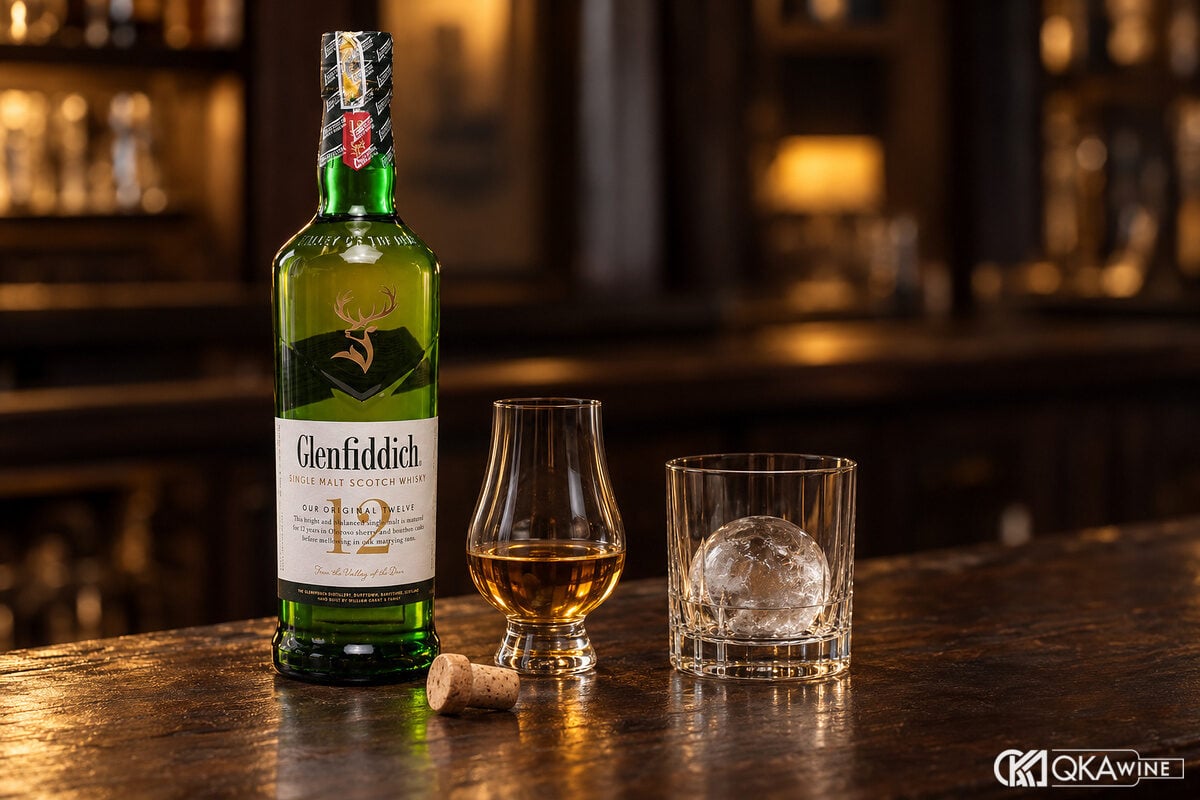 Chai whisky cạnh ly Glencairn và viên đá tròn trên bàn gỗ