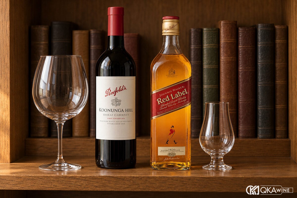 Chai vang đỏ và cognac đứng cạnh nhau trên kệ gỗ
