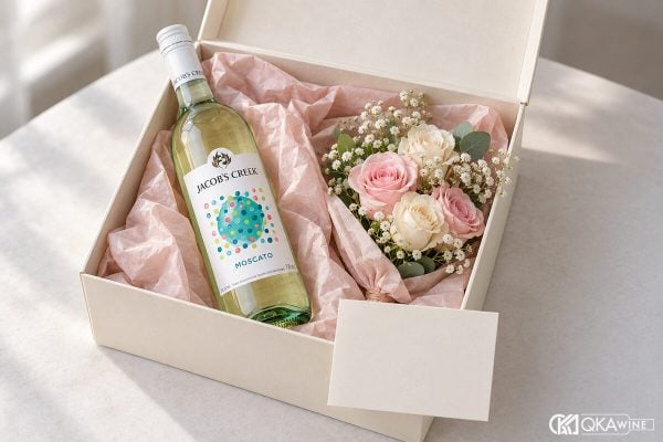 Hộp quà sinh nhật cho nữ có vang hồng và hoa