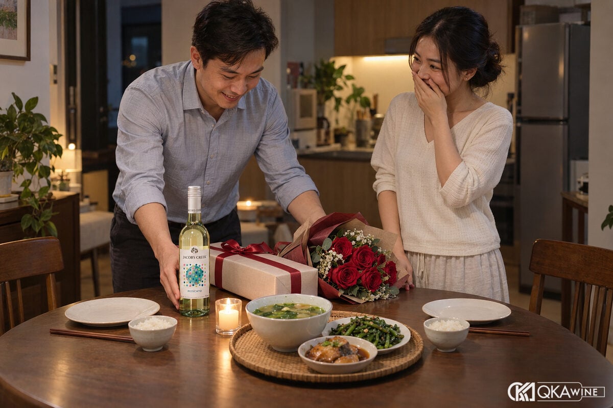 Chồng Việt đặt hộp rượu và hoa cạnh vợ bên bàn ăn