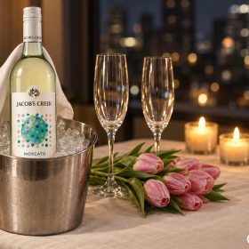 Champagne làm quà sinh nhật cho vợ cạnh hai ly và hoa