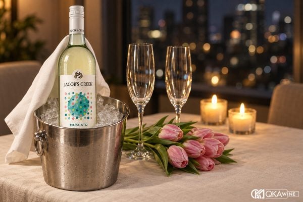 Champagne làm quà sinh nhật cho vợ cạnh hai ly và hoa
