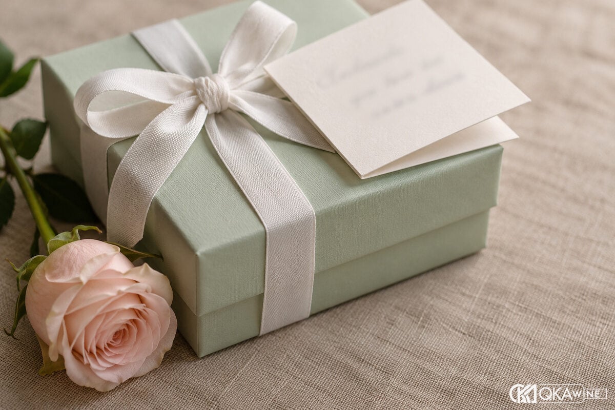 Hộp quà pastel kèm thiệp viết tay trên khăn trải bàn