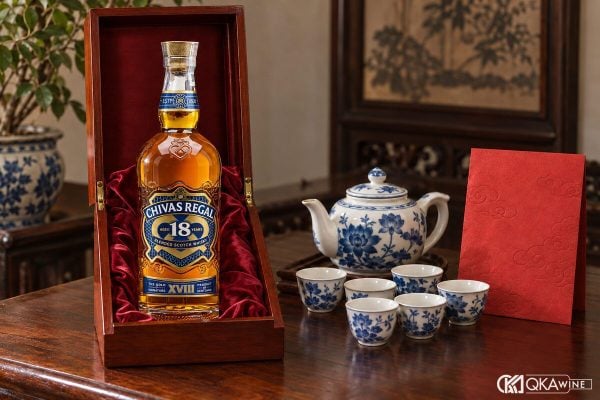 Chai whisky 18 năm làm quà tặng bố đặt trong hộp gỗ