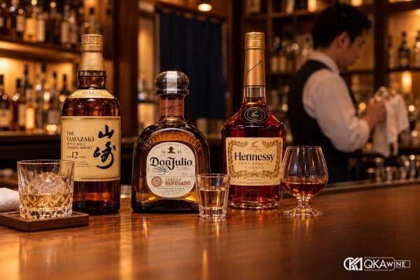 Whisky Nhật Yamazaki 12, tequila Don Julio Reposado và cognac Hennessy VS trên quầy bar gỗ