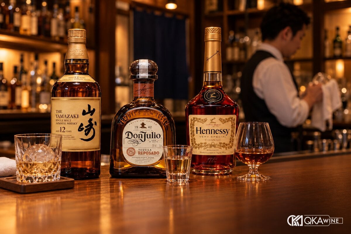 Whisky Nhật Yamazaki 12, tequila Don Julio Reposado và cognac Hennessy VS trên quầy bar gỗ