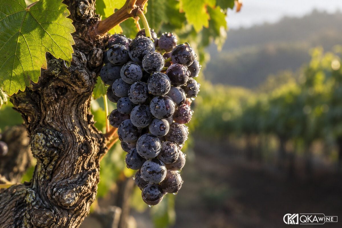 Chùm nho Pinot Noir trên cây, minh họa công việc canh tác trong vườn nho