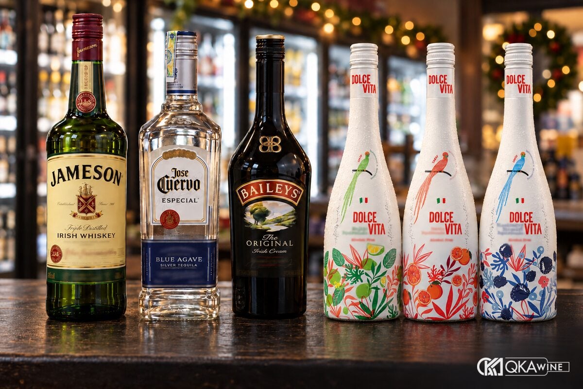 Jameson, Jose Cuervo Especial Silver, Baileys và ba chai cocktail pha sẵn Dolce Vita trên quầy cửa hàng rượu mùa lễ