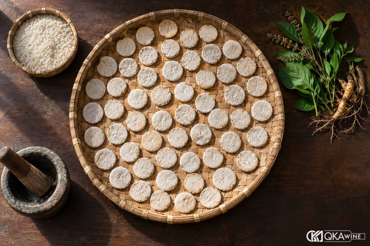 Bánh men lá tròn phơi trên nong tre cạnh rổ gạo nếp