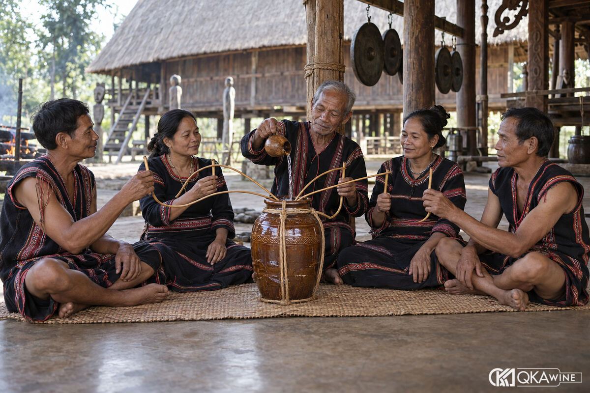 Người lớn mặc trang phục dân tộc uống quanh ché trong lễ hội