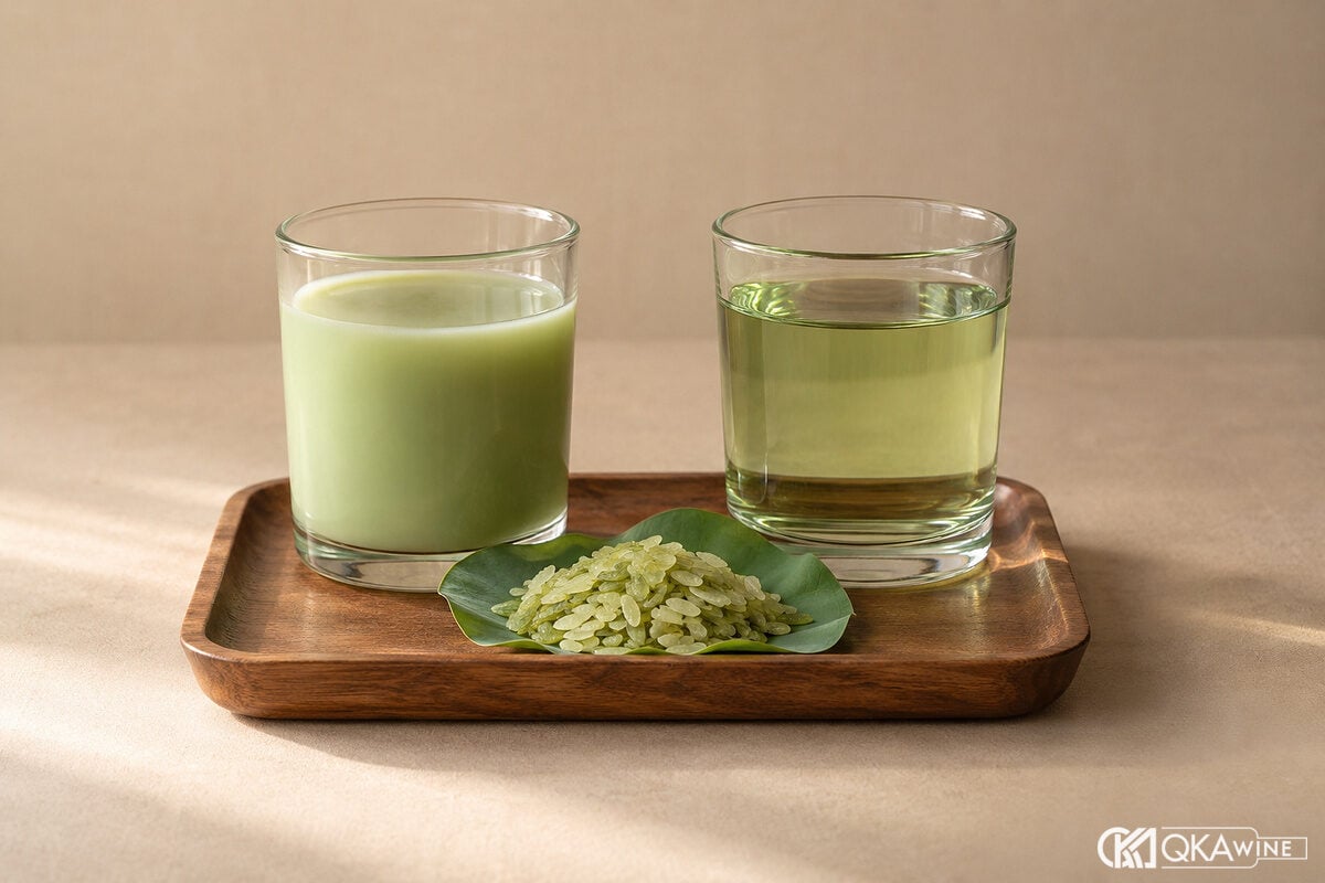 Ly rượu sữa cốm xanh ngọc đục cạnh ly rượu trong