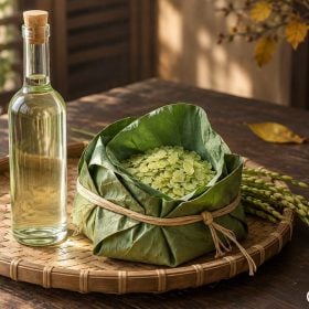 Chai rượu cốm xanh nhạt cạnh cốm gói trong lá sen