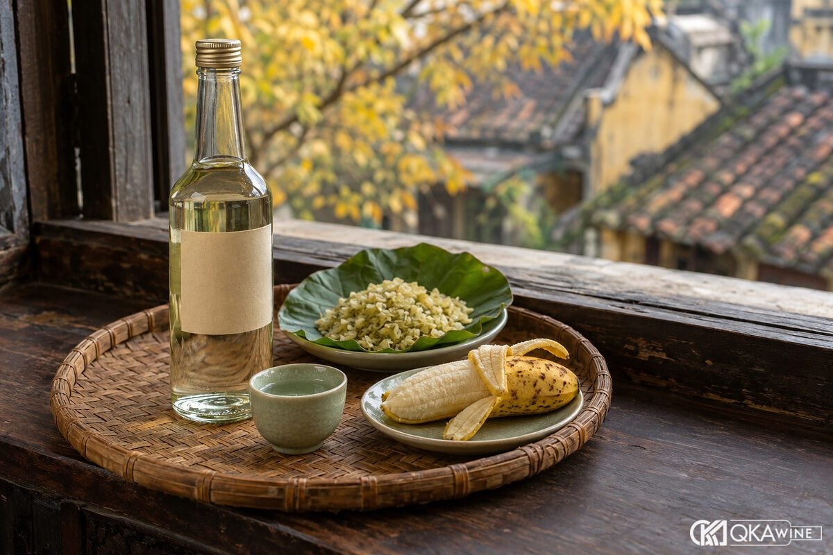 Chén rượu cốm nhỏ cạnh đĩa chuối chín và cốm