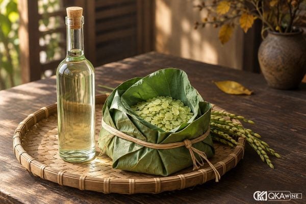 Chai rượu cốm xanh nhạt cạnh cốm gói trong lá sen