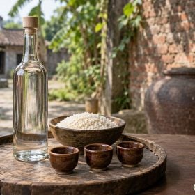 Chai rượu làng Vân cổ thon cạnh bát nếp và chén hạt mít