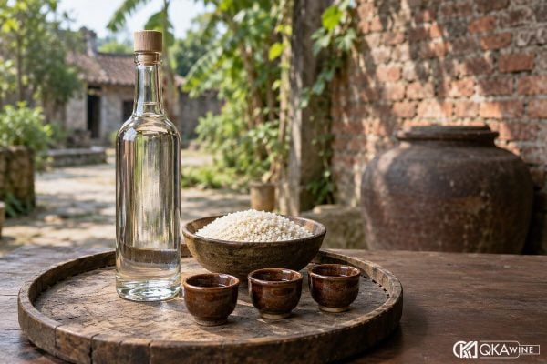 Chai rượu làng Vân cổ thon cạnh bát nếp và chén hạt mít