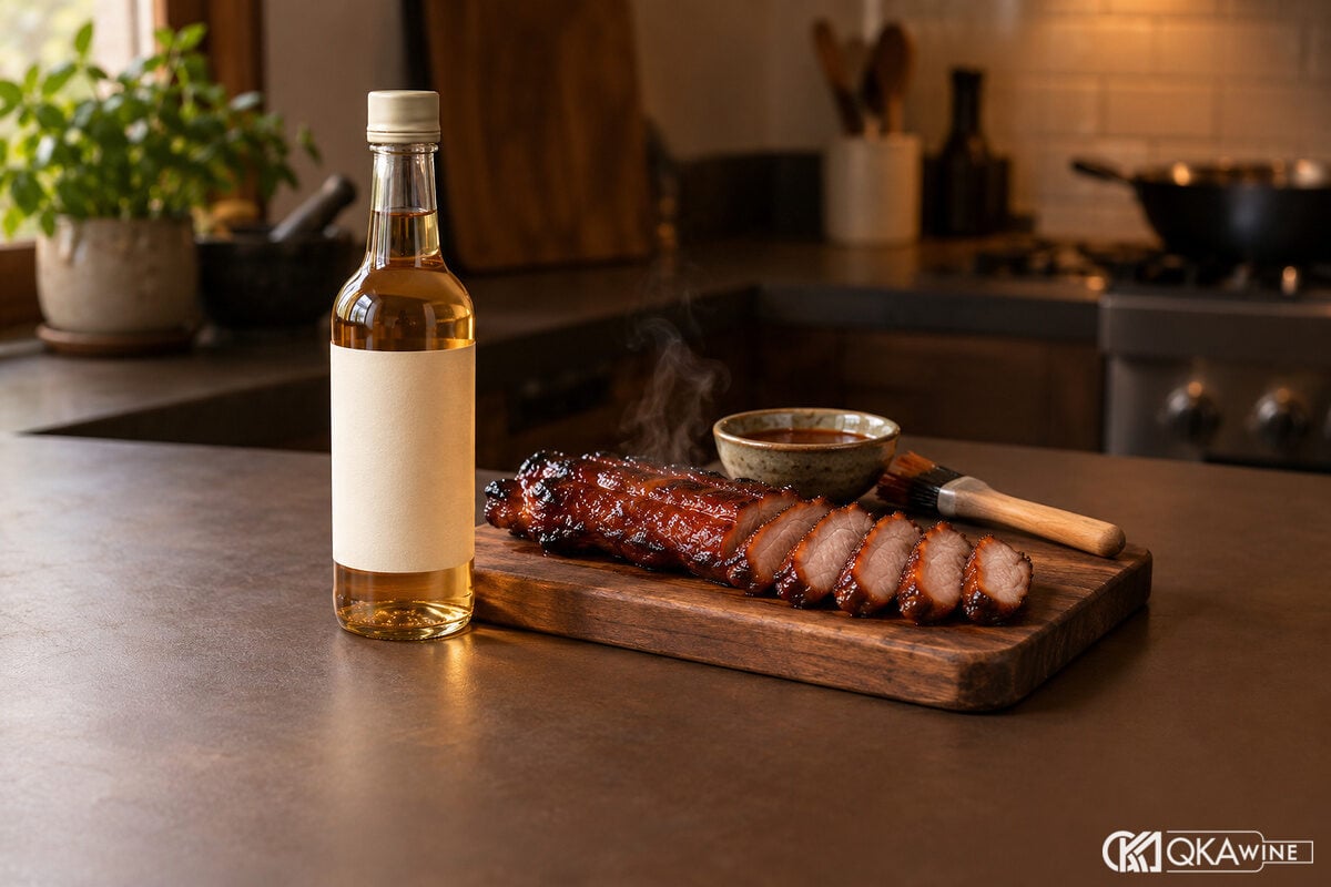 Xá xíu bóng trên thớt gỗ cạnh chai rượu ướp thịt