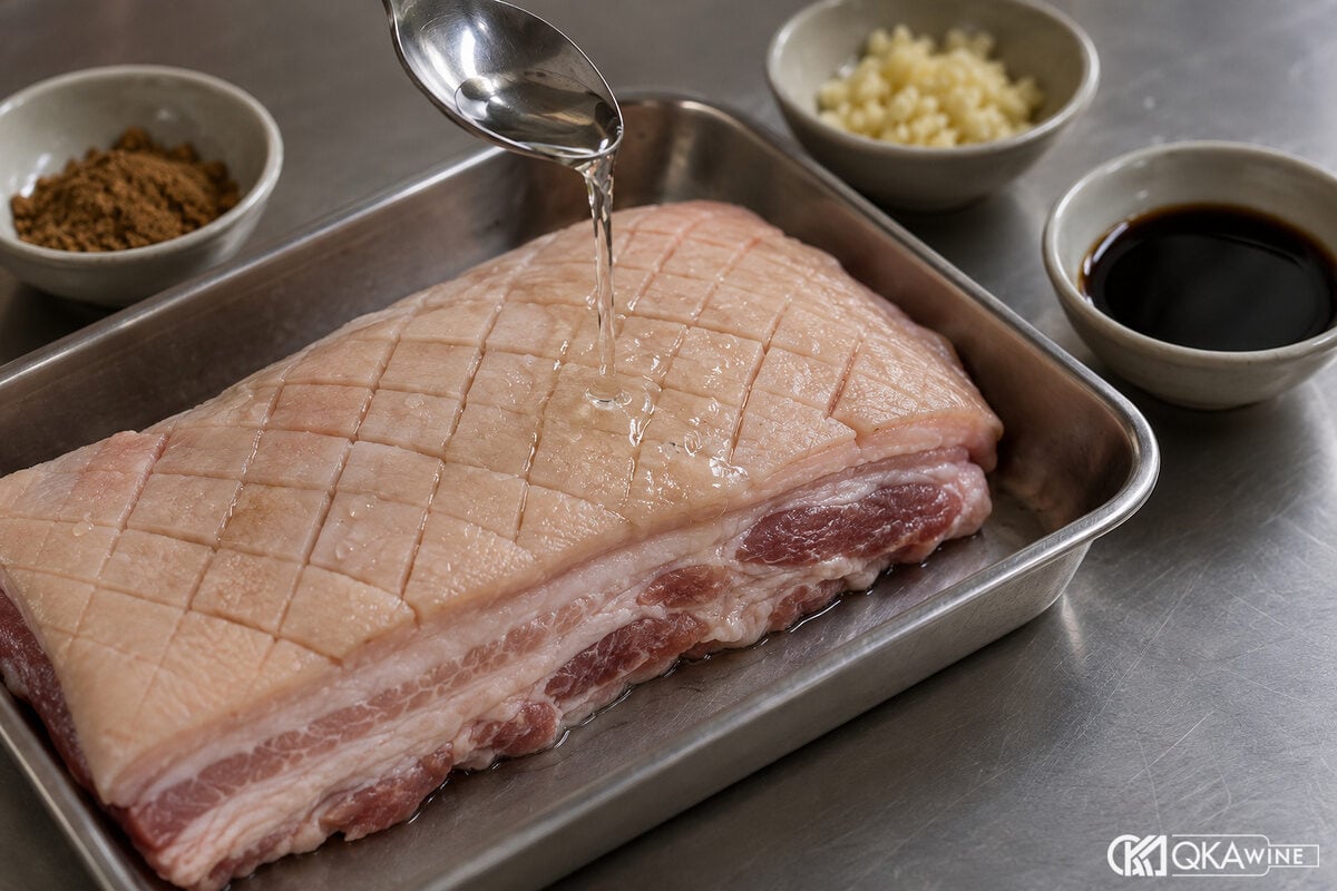 Thìa canh rưới rượu trong lên khay ba chỉ ướp gia vị