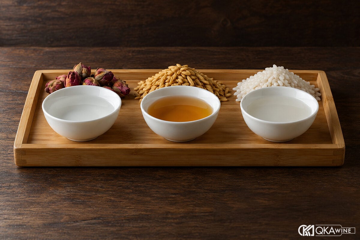 Ba chén rượu nấu ăn thay thế đặt cạnh nhau trên bàn