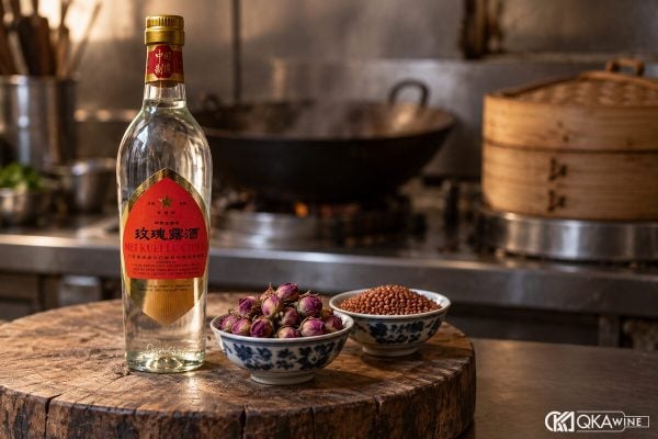 Chai rượu Mai Quế Lộ cạnh nụ hồng khô và bát cao lương