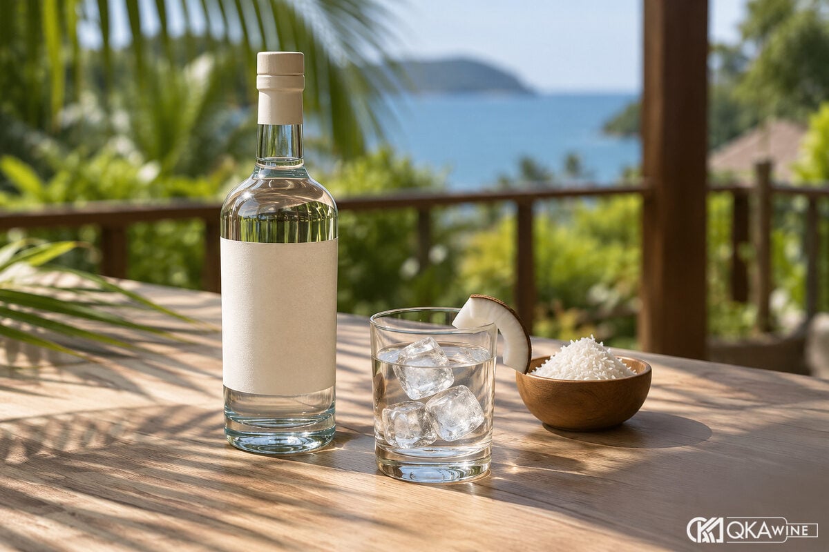 Ly rượu mùi dừa trong suốt với đá cạnh cùi dừa nạo