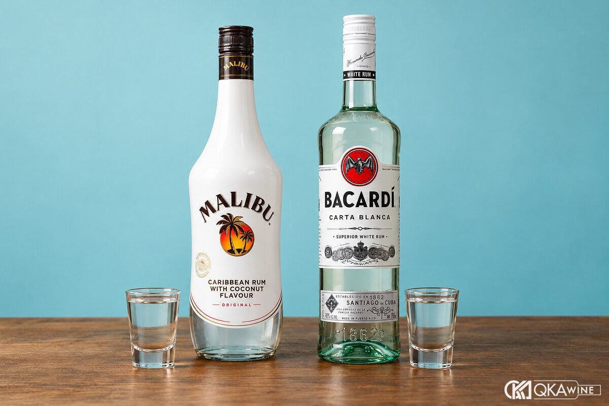 Chai rượu mùi dừa đứng cạnh chai rum trắng để so sánh