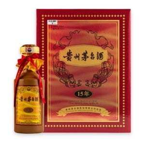 Chai gốm nâu bọc lụa vàng và hộp đỏ viền sao vàng Rượu Mao Đài Quý Châu 15 năm