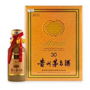 Chai men nứt xám be bọc lụa vàng và hộp vàng cam Rượu Mao Đài Quý Châu 30 năm