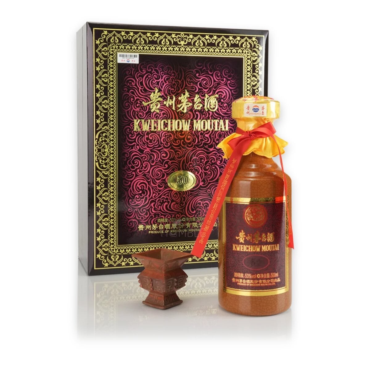 Chai men nứt nâu cam, hộp đen viền vàng và ly đồng của Rượu Mao Đài Quý Châu 50 năm