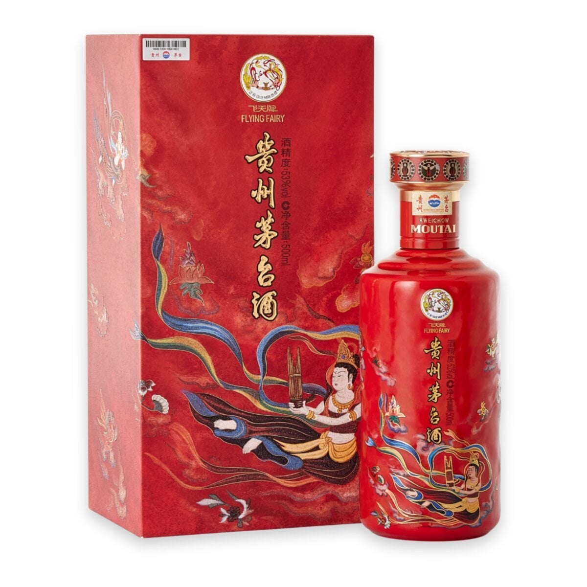 Chai gốm đỏ vẽ tiên nữ thổi sinh và hộp đỏ Rượu Mao Đài Sinh Nhạc Phi Thiên