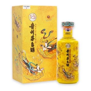 Chai gốm vàng vẽ tiên nữ rải hoa và hộp vàng Rượu Mao Đài Tán Hoa Phi Thiên