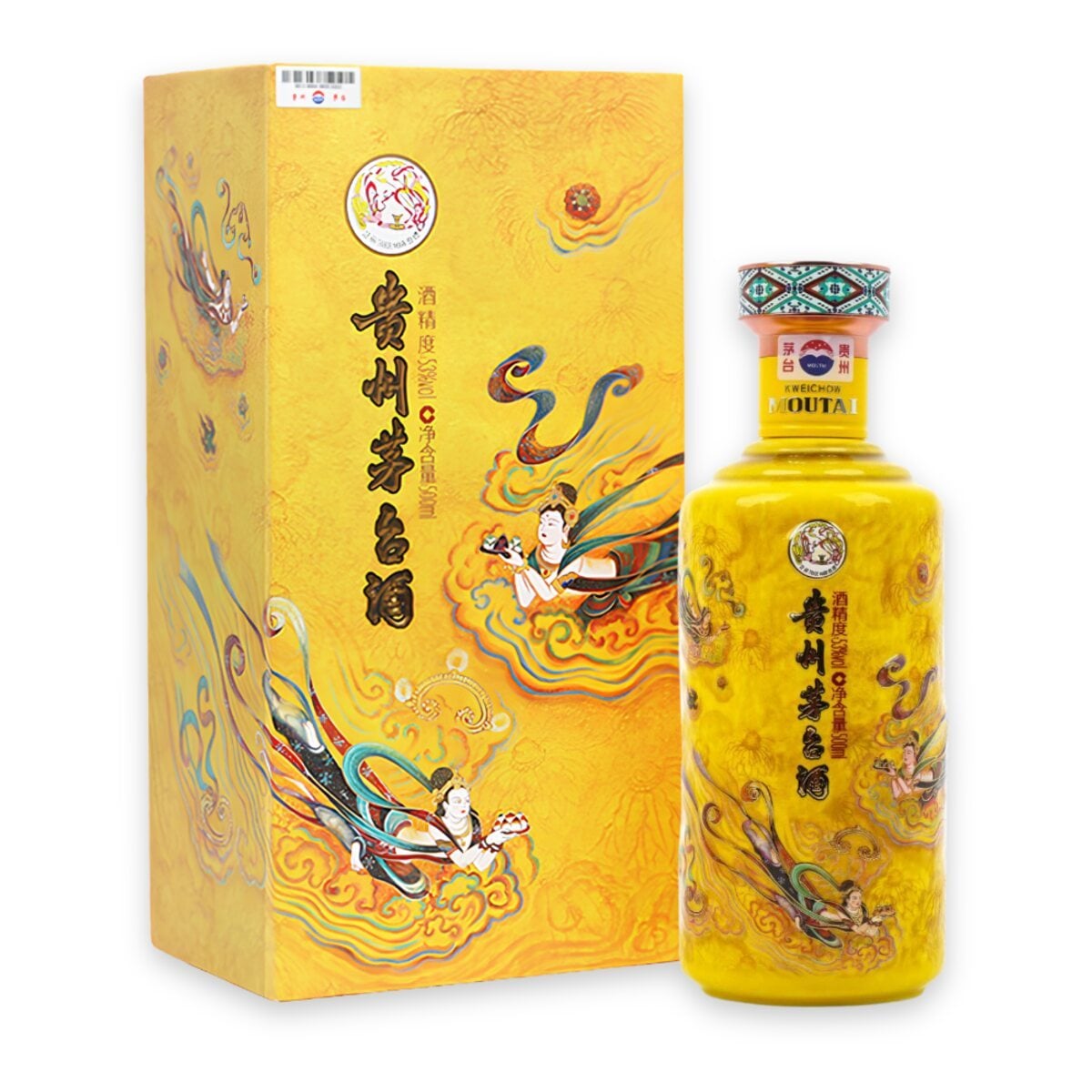 Chai gốm vàng vẽ tiên nữ rải hoa và hộp vàng Rượu Mao Đài Tán Hoa Phi Thiên